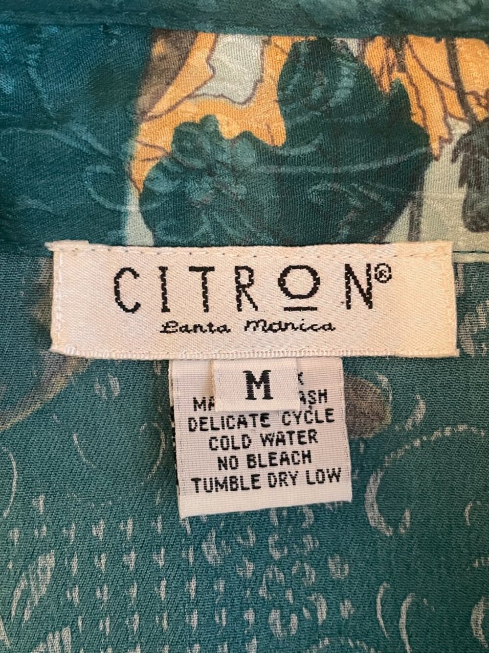 Citron Santa Monica Women M Teal Silk Blouse Hand Mirror Print Mandarin Collar - Picture 9 of 10